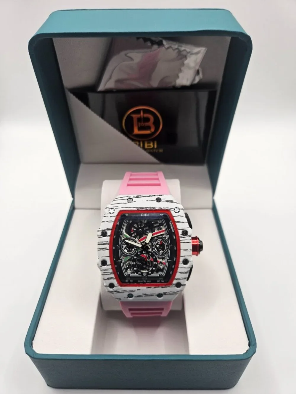 BIBI Luxury Watch Tonneau Chronograph Pink Silicone Strap White Textured Bezel